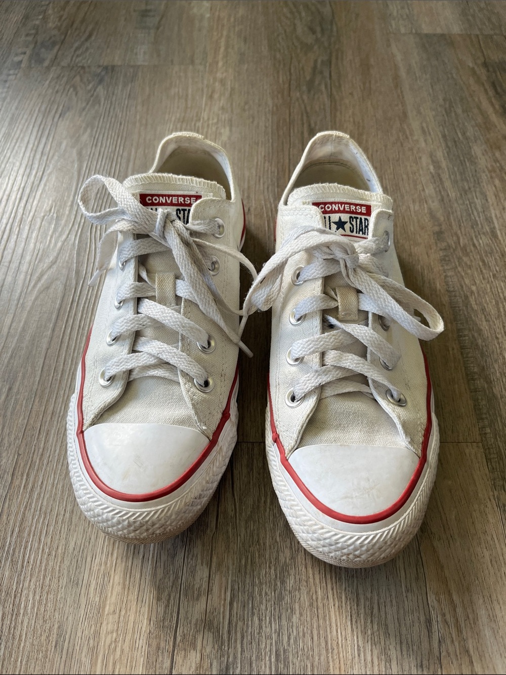 Converse Women Low Top Canvas Sneakers in White with Red Trim
